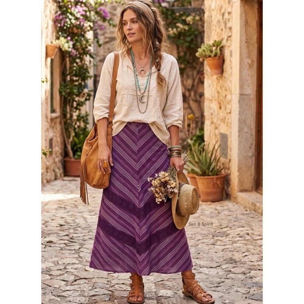 Vintage 1990's Prana Maxi Skirt Purple Chevron Size 8